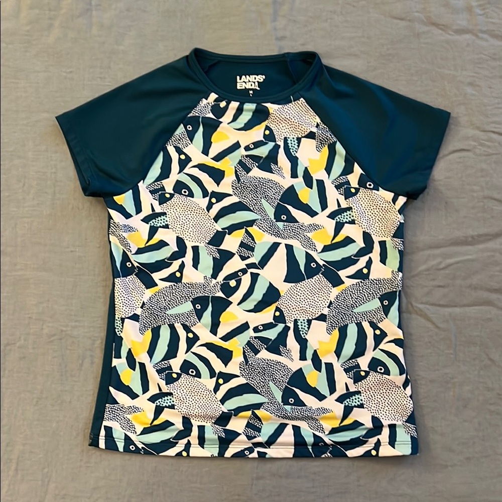 Lands' End Fish Pattern Rash Guard in Blue and Yellow